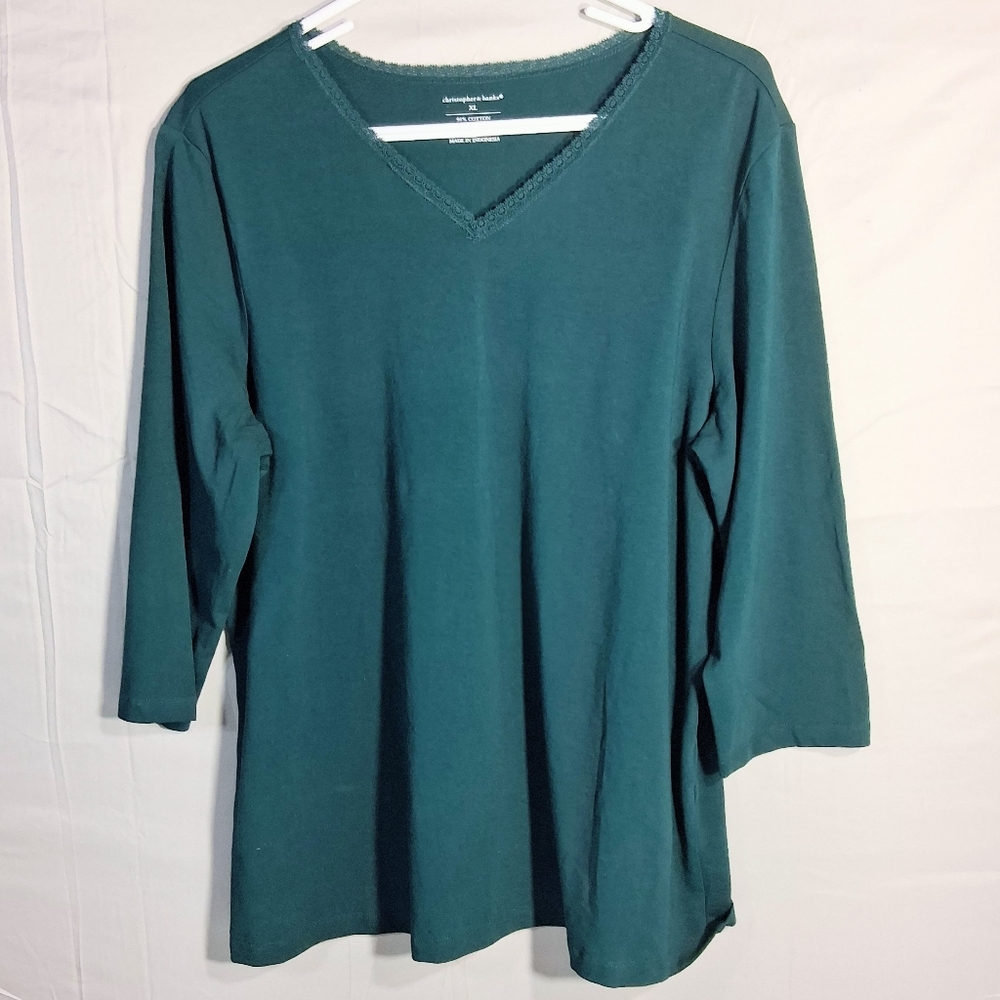 Women's XL Christopher & Banks Laced V Neck 3/4 Sleeve Hunter Green Tunic Blouse